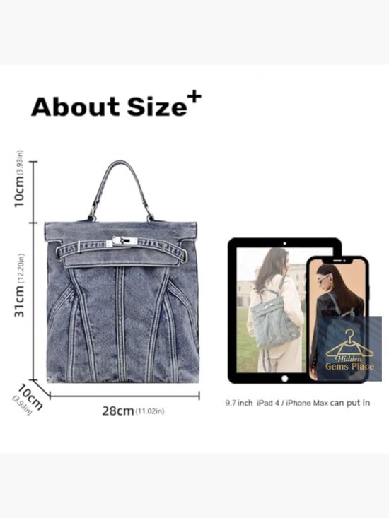 Vintage Wash Denim Backpack, Large Capacity Daypack for Travel School Work main image 5